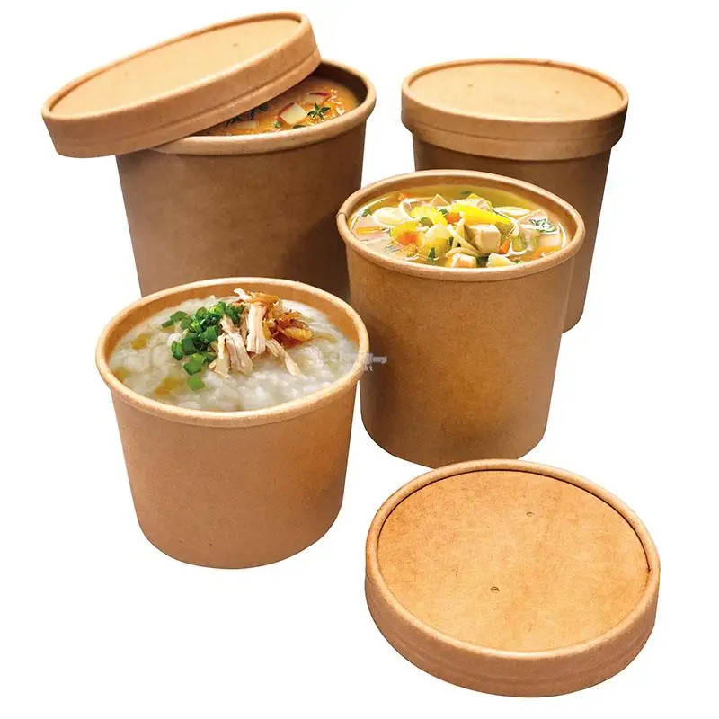 Disposable takeaway food packaging white paper soup packaging cup with lid