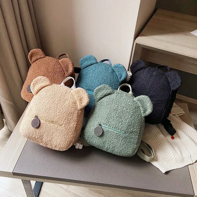 Kids Backpack For Girls Cartoon Bear Ear Plush Bag Fleece Boys Girls School Bags Fashion Korean Women Mini Cute Backpack Bags