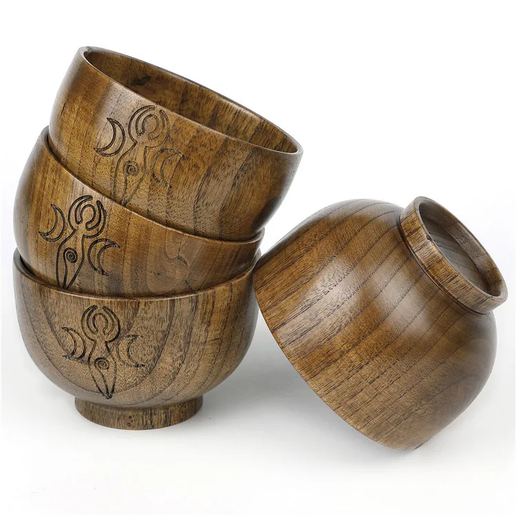 
Wooden bowl decoration bowl carved with five pointed star and moon phase goddess pattern manufacturer 