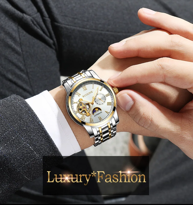 Ruixine limited discount price stainless steel strap men watches men wrist 5 needle luminous quartz mechanical watch