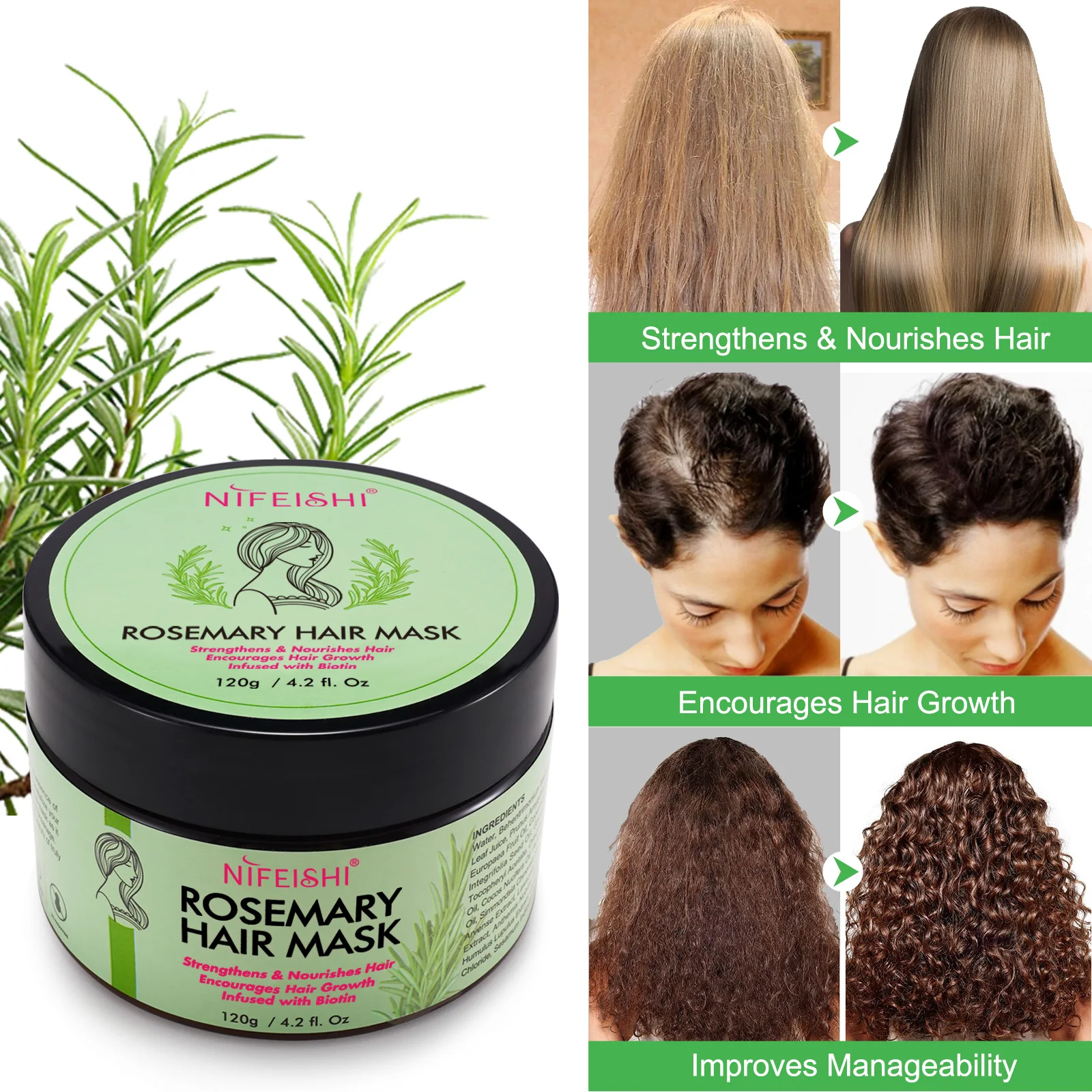 NIFEISHI Private Label Natural Organic Vegan Keratin Collagen Rosemary Hair Mask for Damaged Hair Strengthens Nourishes