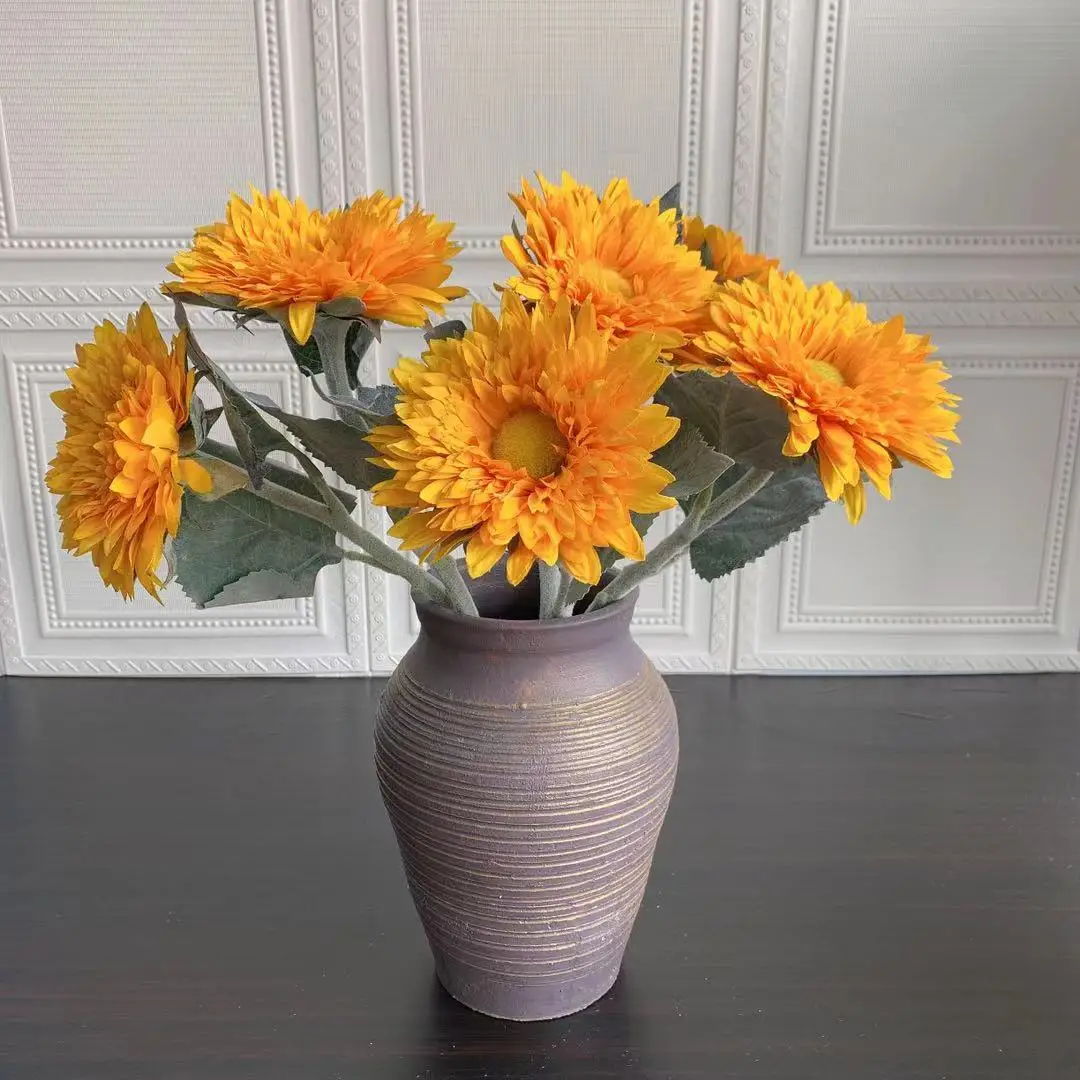 Wholesale Real Touch Centerpiece Flower Double Petal Sunflower Bouquet Yellow Flowers Simulation Living Room Decoration