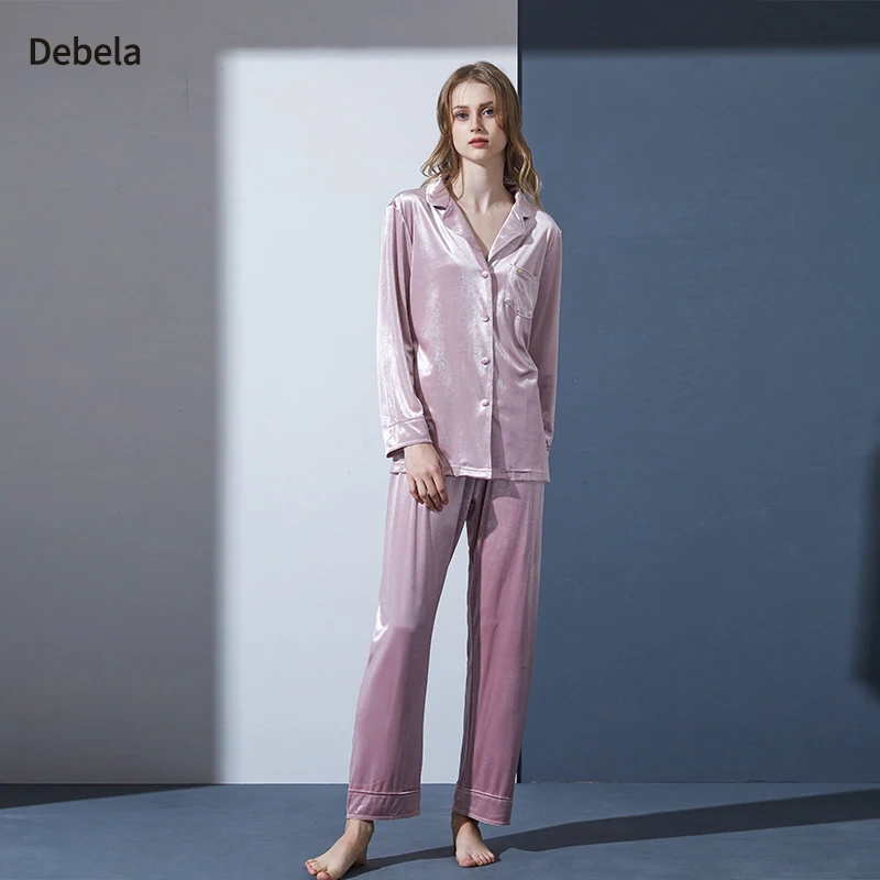 DEBELA winter korean luxury women two piece long sleeve velvet sleepwear set Leisure homewear for women