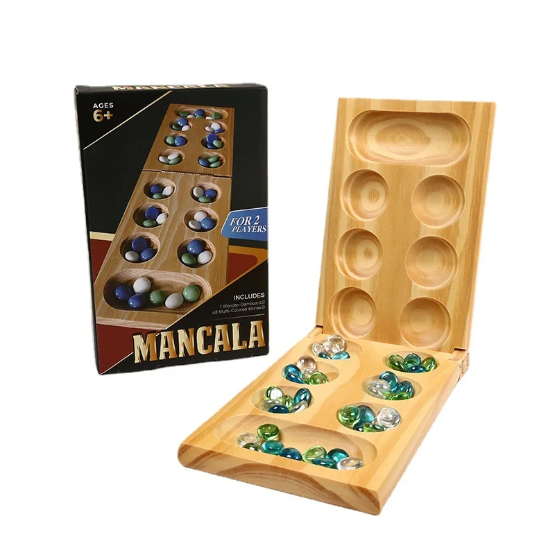 Custom wooden foldable mancala board game checkers wood ludo travel adults kids glass stones mancala board game