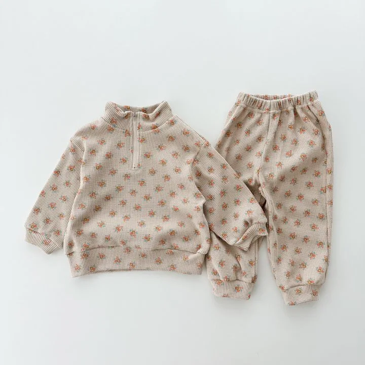 Spring Autumn Toddler Children Girls Floral Design Half Zipper Casual Sweatshirt Pants 2pcs Tracksuits Baby Clothes Set