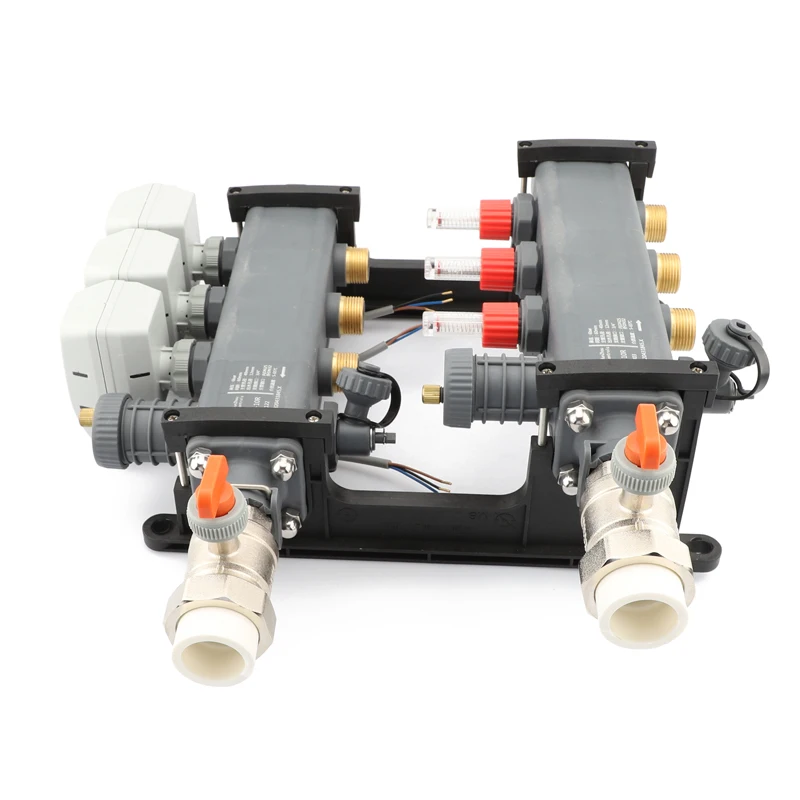 Junzhou HVAC System Special Electric Globe Valve with Live Ball Water Floor Heating Manifold DN32PPR Includes Flow Meter