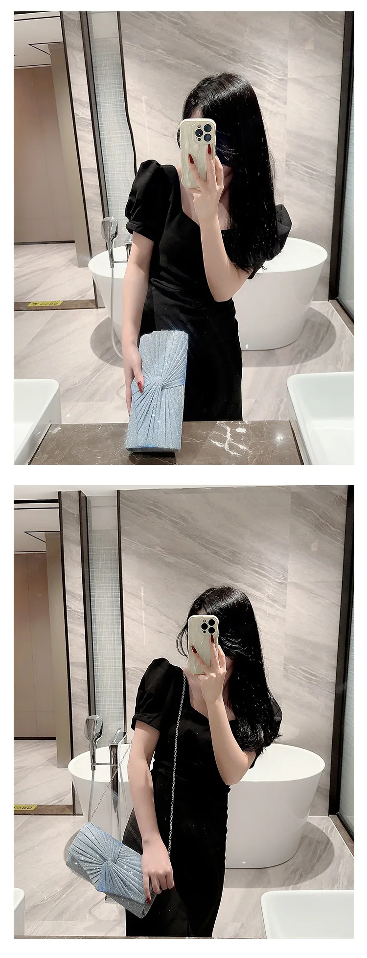 Grey Twinkling Women Party Clutch Bag Purses with Chain Dinner Dress Handbag Evening Wedding Wrinkle Clutch Handbags for Women