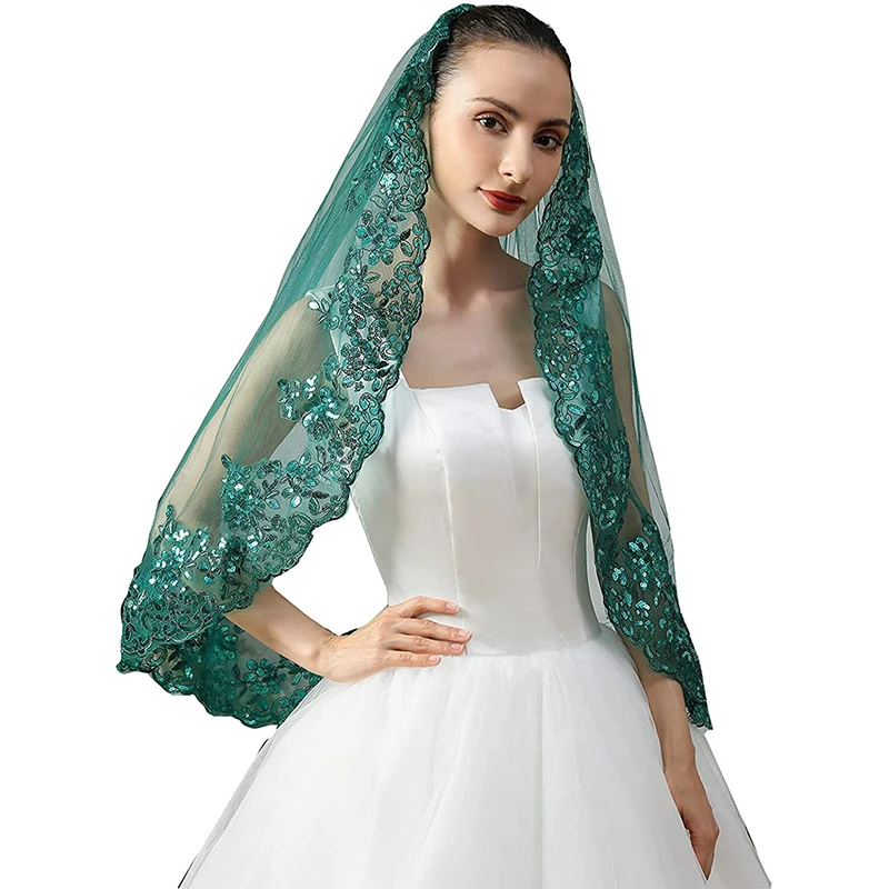 Trendy bride headwear accessories head cover 80-100 cm gold red green blue ivory sequin lace wedding bridal veil with comb