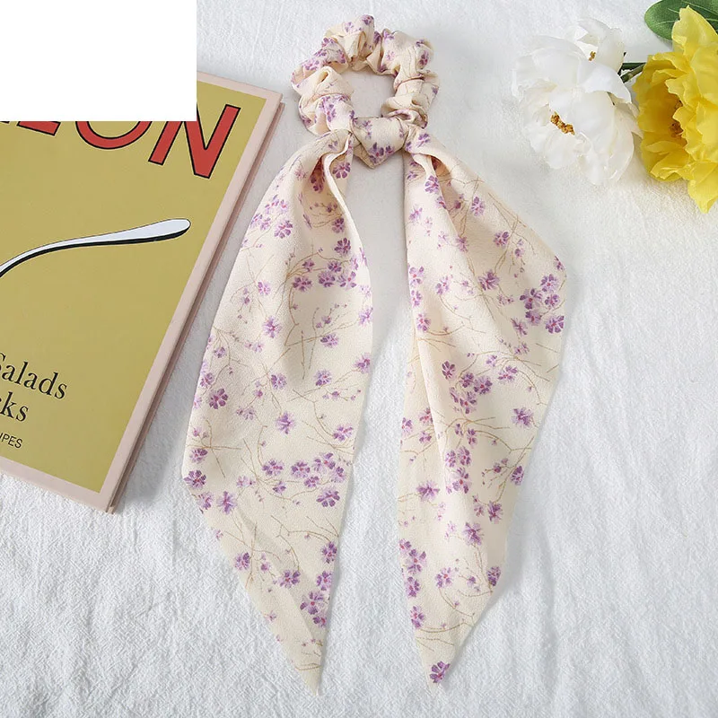 BELLEWORLD wholesale Korean new accessories floral daisy printed scarf scrunchie long ribbon scrunchies for women