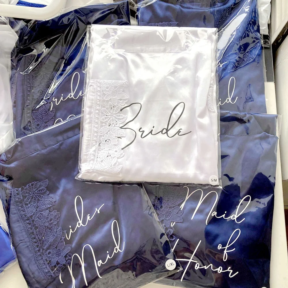 Plus Size Wedding for Bride Bridesmaids Women High Quality with Lace Trim Luxury Bridal Silk Satin Kimono Robes Morning Gowns