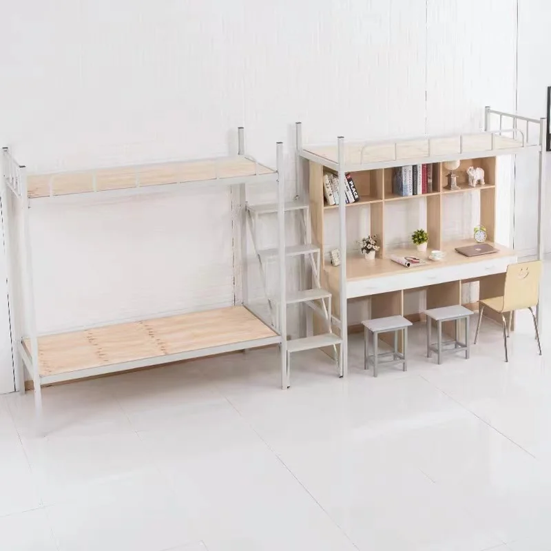 
2021 customized wholesale elevated staff dormitory ladder iron wardrobe desk apartment bed 
