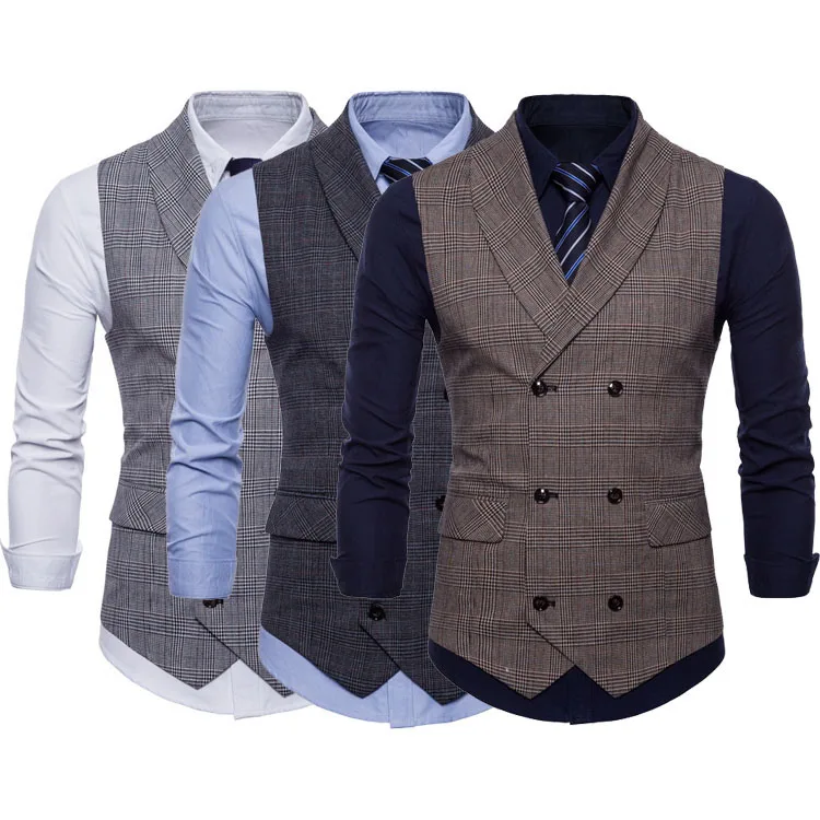 V Neck Double Breasted Vest Slim Fit Plaid Waistcoatcasual Vests for Men