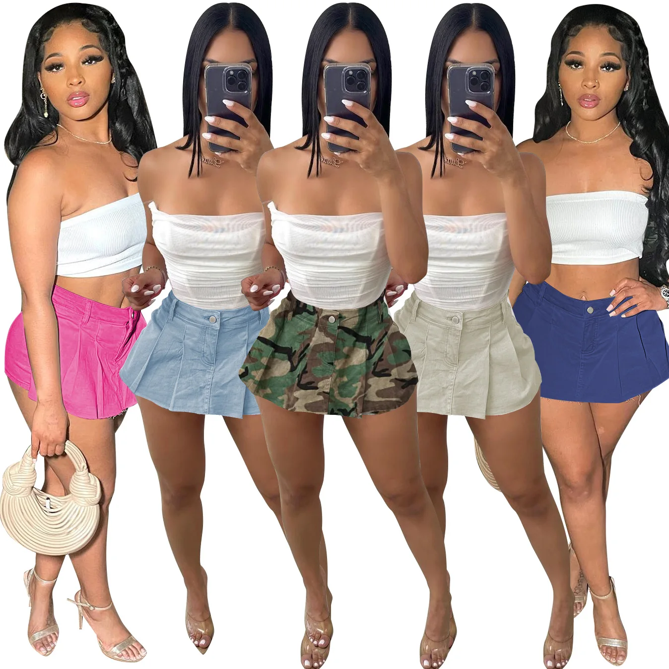 2023 Women Fashion Solid Color Patchwork Mesh Slim Fit Mini Dress Fashion Casual Sexy Pleated Jeans Stretch Pants Short Skirt