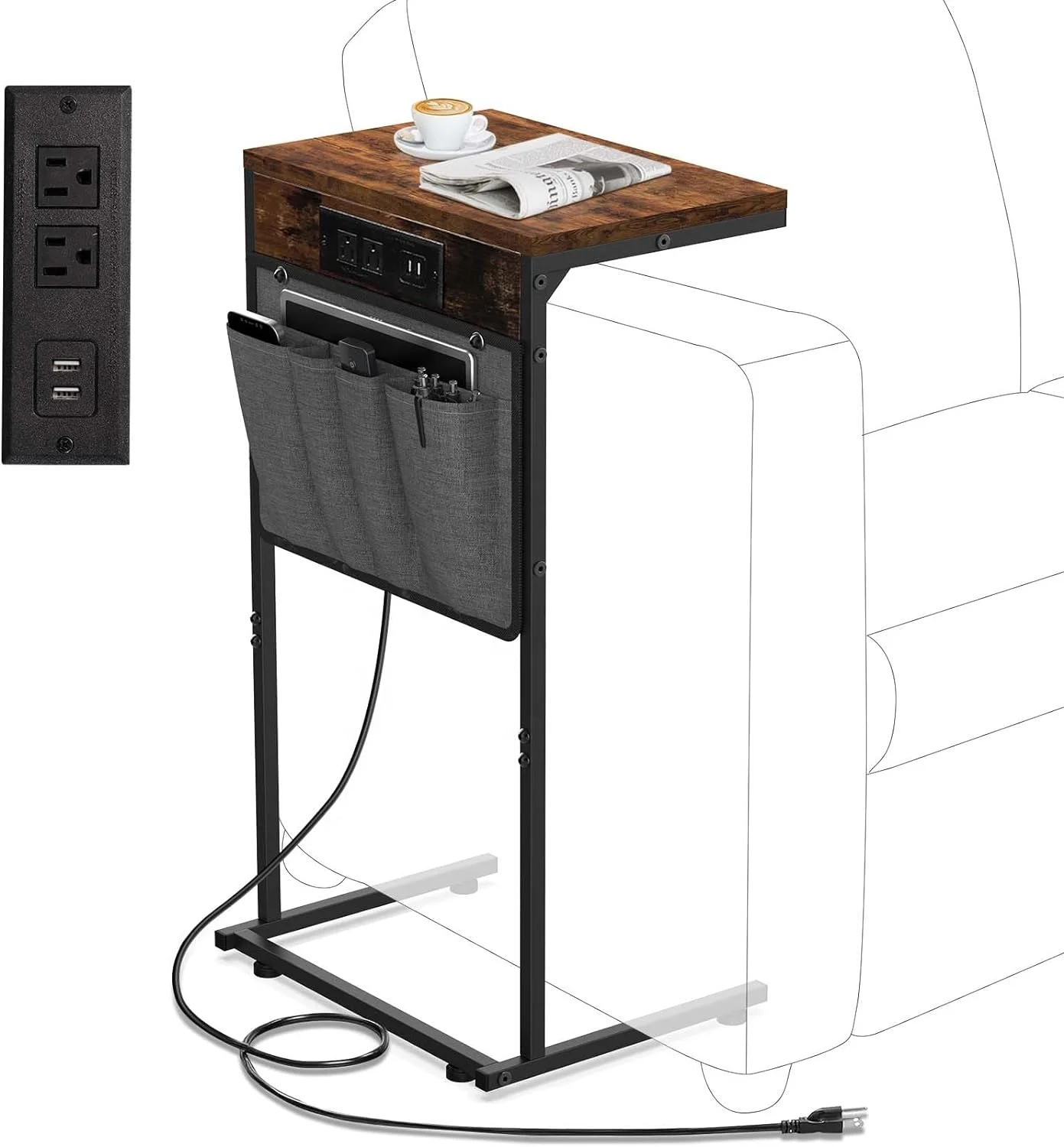 C Shaped Coffee Table with Storage Bag Ashwood Rustic Wood Grain and Black Metal table