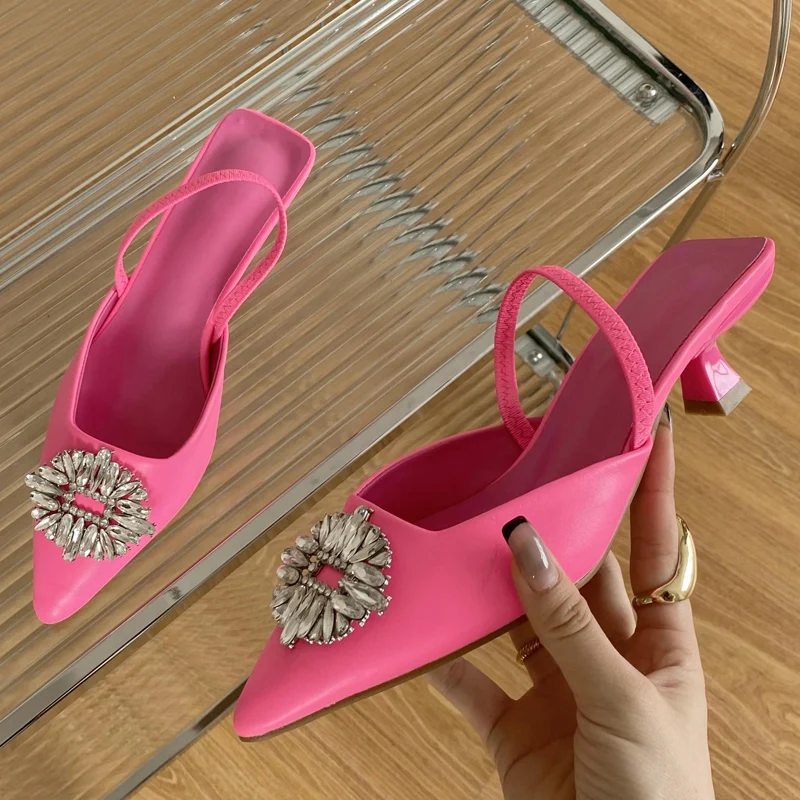 Eilyken Women Candy Colors Pointed Toe Mule Shoes Crystal Diamond Shallow Slip On Thin Low Heel Ladies Summer Pump Shoes