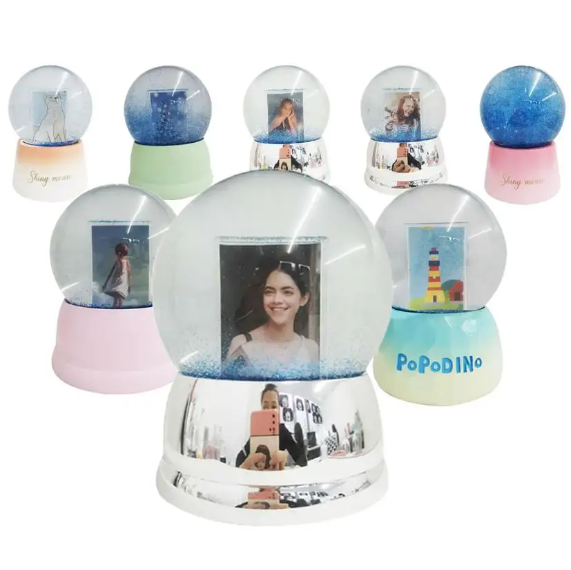 100mm Resin Glass Musical Led Snowglobes Custom Plastic Picture Insert Glitter Photo Frame Snow Globe