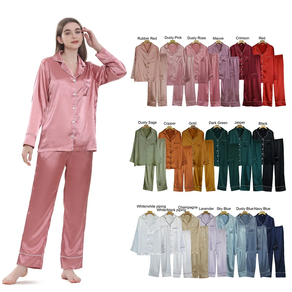 High Quality Long Sleeve Satin Pajamas Wholesale Women Silk Satin Pyjama Set for Bride Bridesmaid Wedding Day Bridal Shower