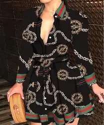 vestidos mujer summer casual dress solid colour chain print printed belted blouse shirt floral casual dresses