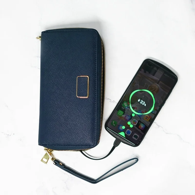 2022 Wallet Leather Zipper Close Portable Wireless Charging Smart Power Bank PU Leather Long Wallet for men