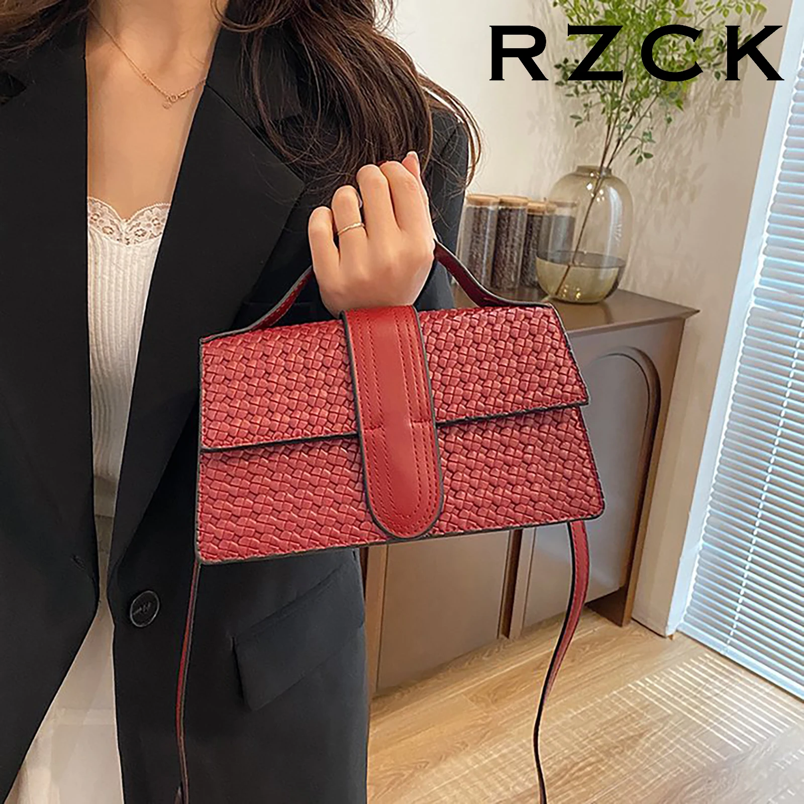 RZCK Unique Woven PU Leather Sling Clutch Hand Bags Manufacturers China Guangdong High end Women Crossbody Red Casual Handbags