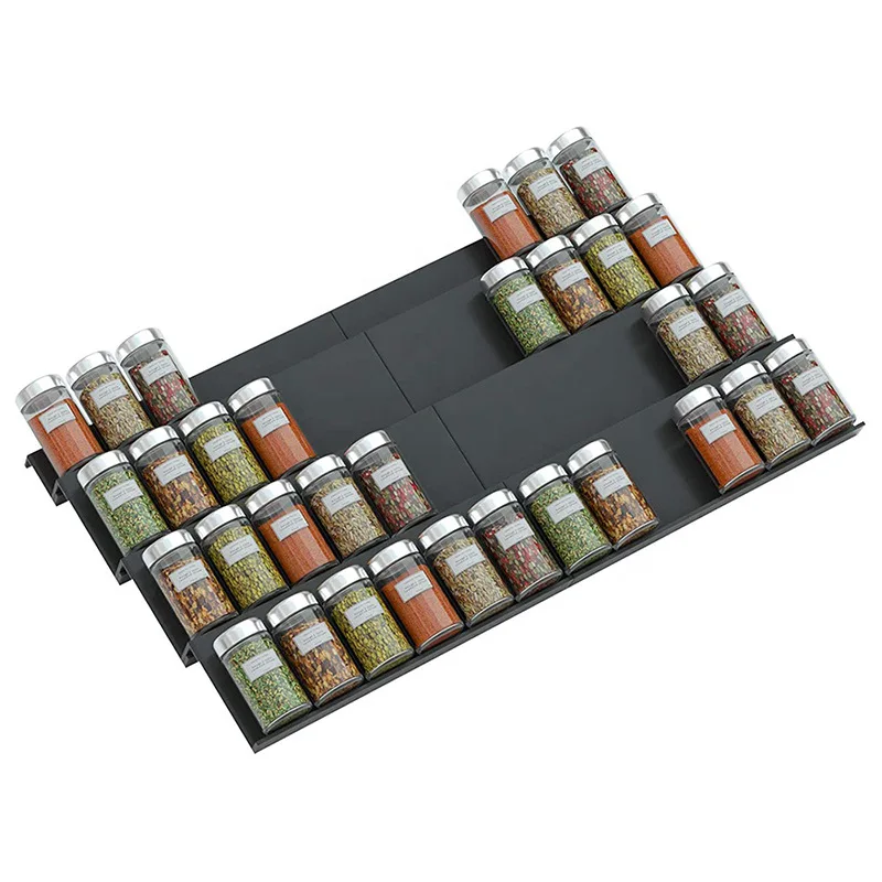 Upgrade Black Expandable Spice Drawer Rack Organizer Insert for Kitchen Cabinet and Drawer