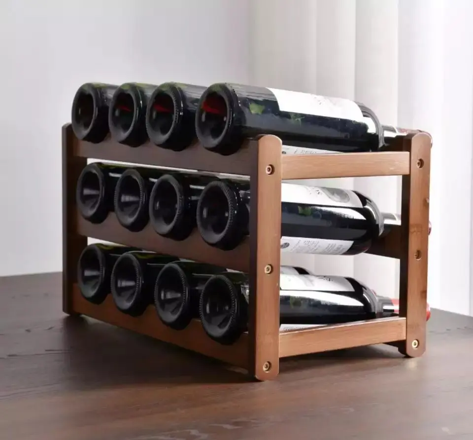 Customized High Quality 4 Tiers 16 Bottle Free Standing Bamboo Wine Glass Rack Table Top Storage Wall Wooden Wine Rack