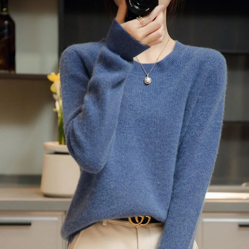Customized 100% pure wool women sweater pullover clothes winter knitted round neck wool cashmere sweater