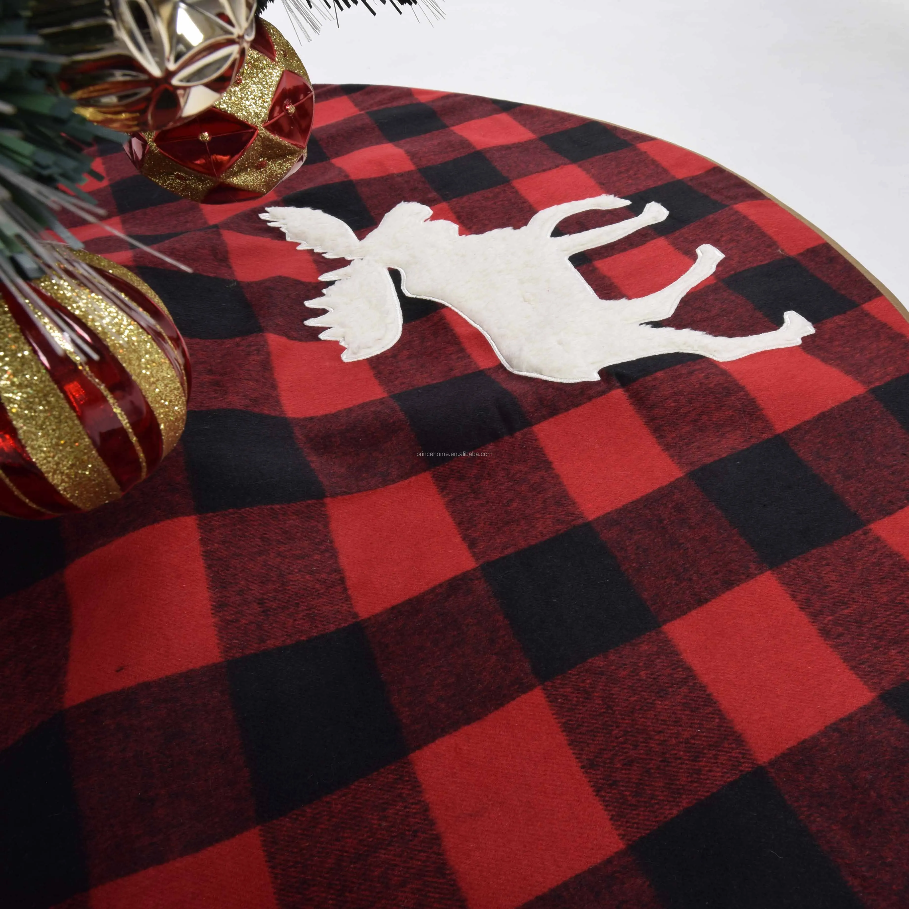 Red and Black Plaid with Sherpa Reindeer Applique Embroidery Christmas Tree Skirt 48'