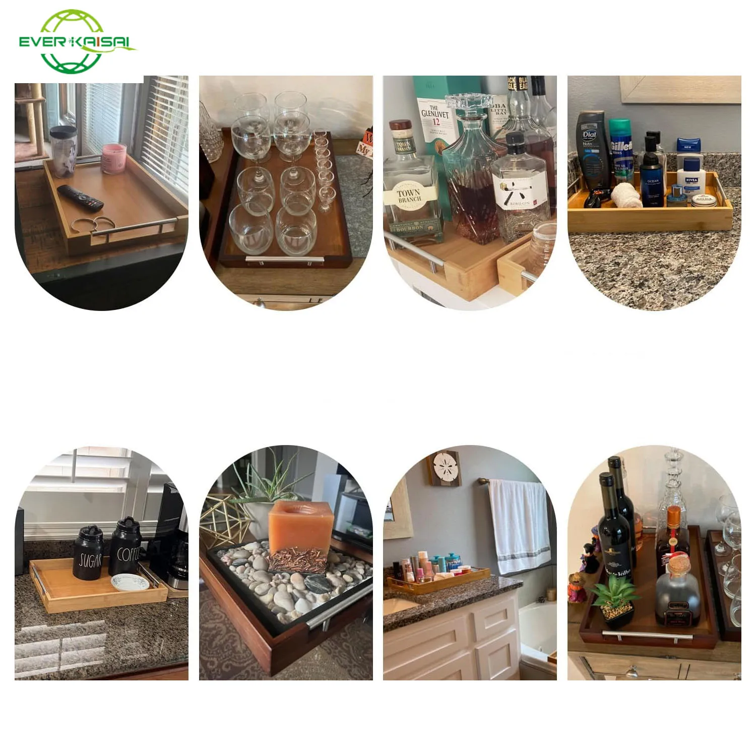 A set of 2 Modern Bamboo Trays  with Metal Handles, Dark Brown Wooden Pallets for Entertainment and Food Supply, Kitchenware set