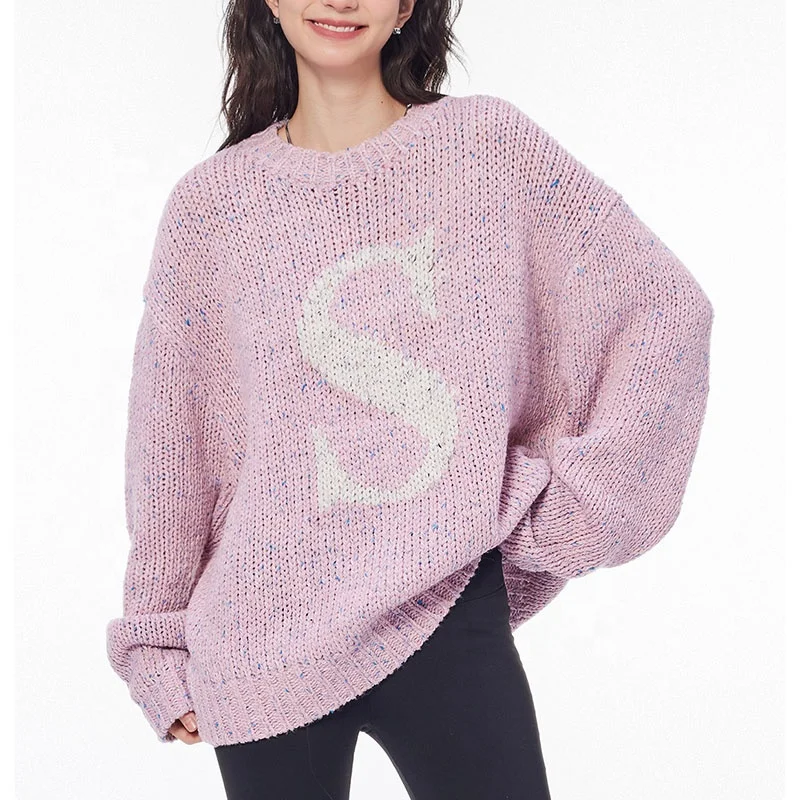 Winter Oversized Knit Sweater Pullover Crew Neck Drop Shoulder Jacquard Knitted Pullover Womens Sweaters