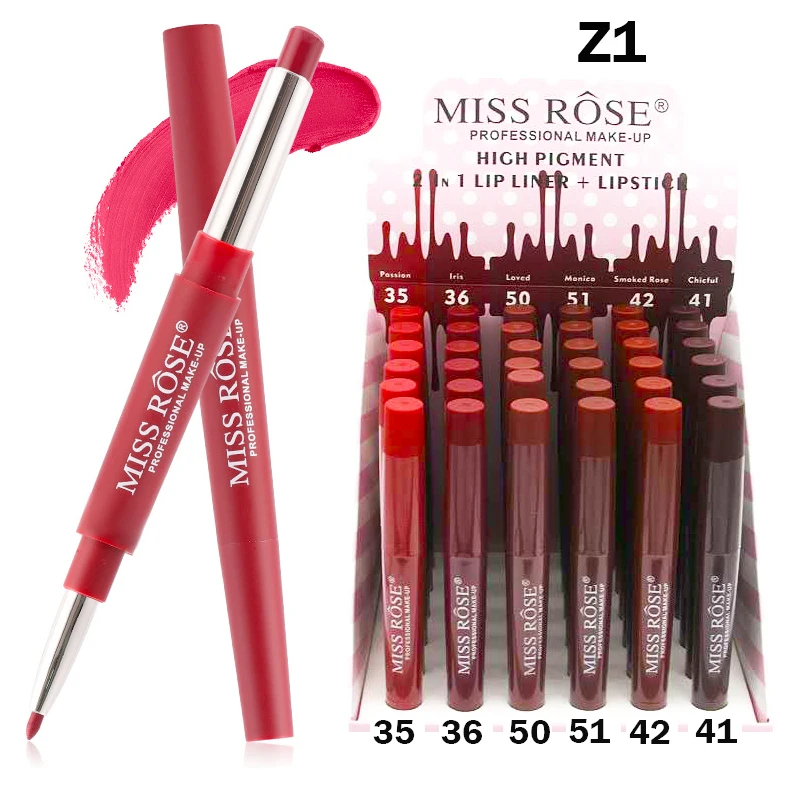RTS 36 pieces High Pigment Miss Rose lipstick Organic red matte 2 in 1 lipstick vegan Lipstick with and Lip liner Cosmetic