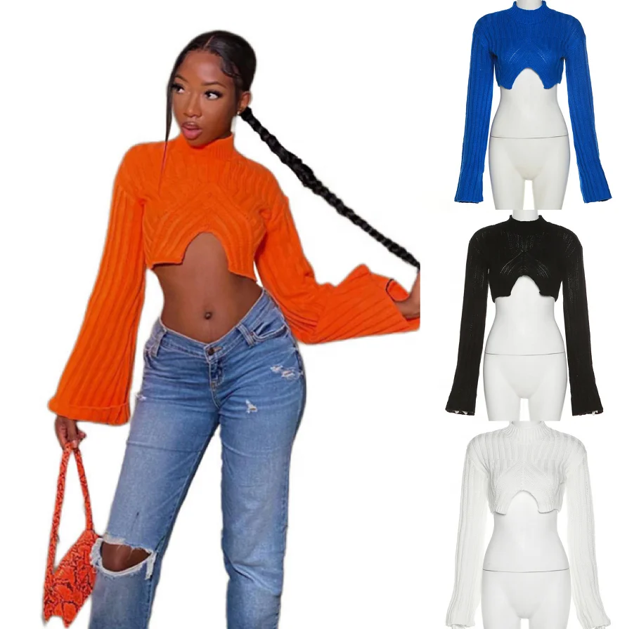 Fashion casual knitted sweater girls 2022 fall winter streetwear flare long sleeve Y2K knit women sweater crop tops