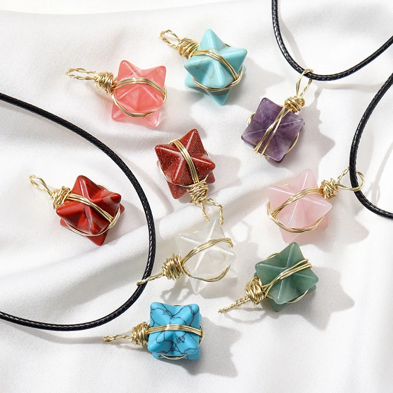Wholesale Bulk Natural Crystal Gemstone Carved Merkaba Star Gold Wire Wrapped Merkaba Necklace Pendant