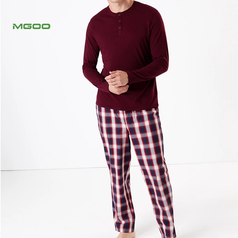 
MGOO OEM Pure Cotton Brown Long Sleeve Match Plaid Pants Men Pyjama with Button Pockets 