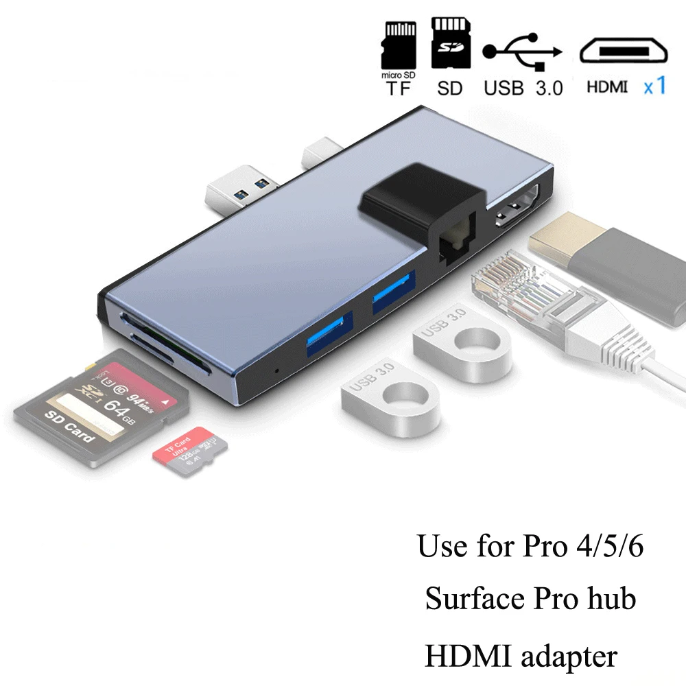 HDMI adapter USB 3.0 hub with pd power +hd-mi+network port for surface pro 4/5/6