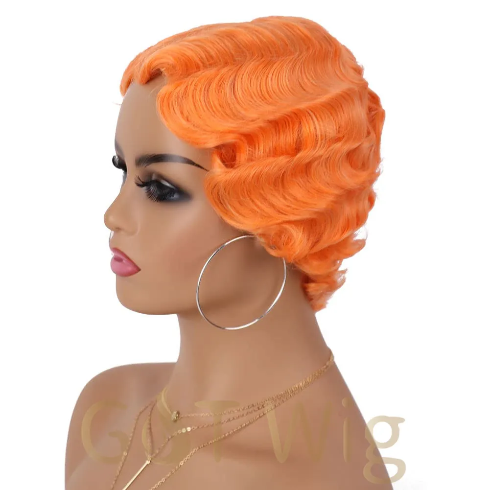 G&T Wig Cheap Finger Wave Wigs for Black Women Pixie Cut Wig Short Orange Hair Heat Resistant Synthetic for Daily Party Use