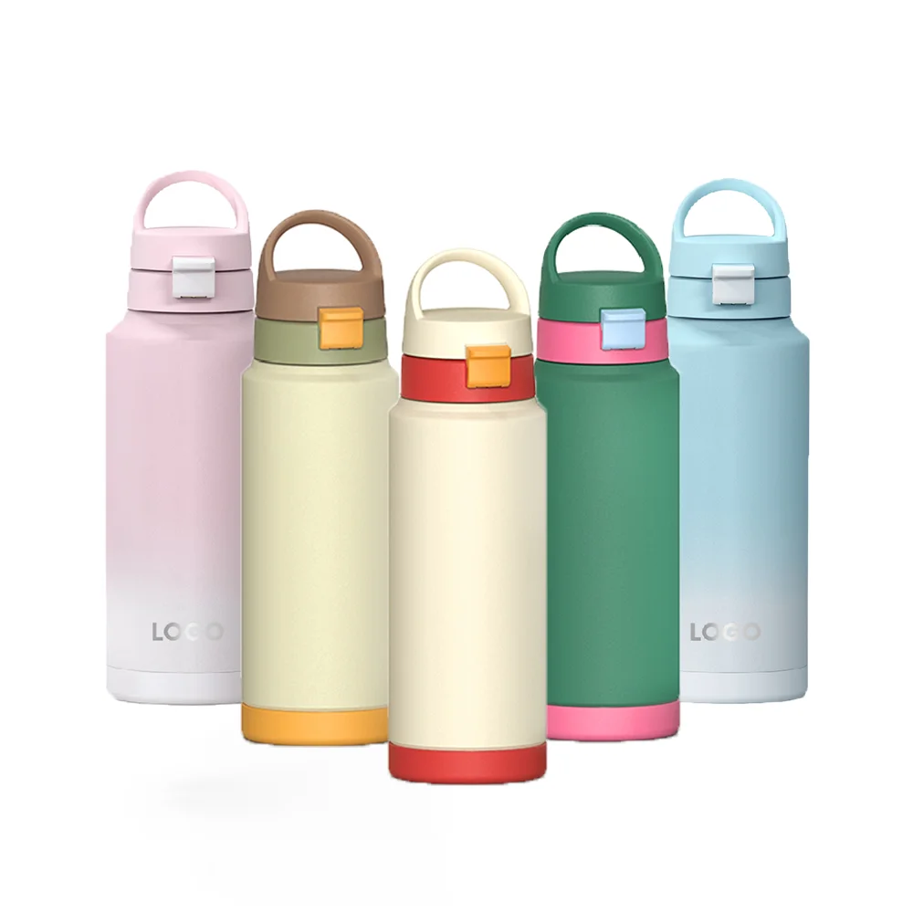 Customized Logo Camping Food Grade 304 Stainless Steel Thermo Bottom Cover Straw Lid Water Bottle