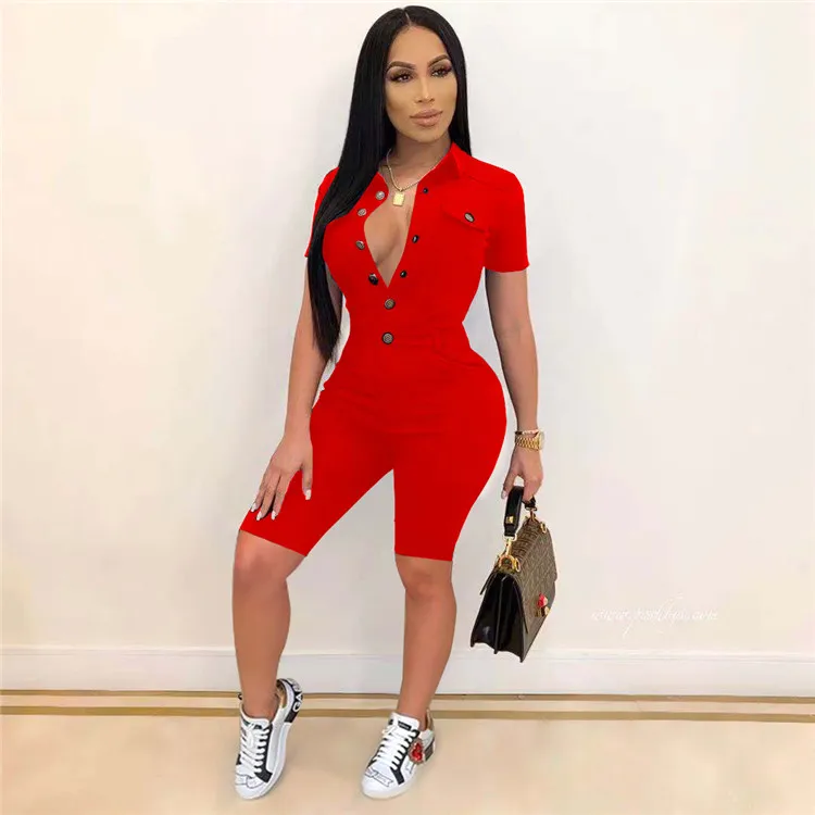 Fashion Summer Ladies Short Sleeve Rompers Button One Piece Casual Women Plus Size Cargo Jumpsuits