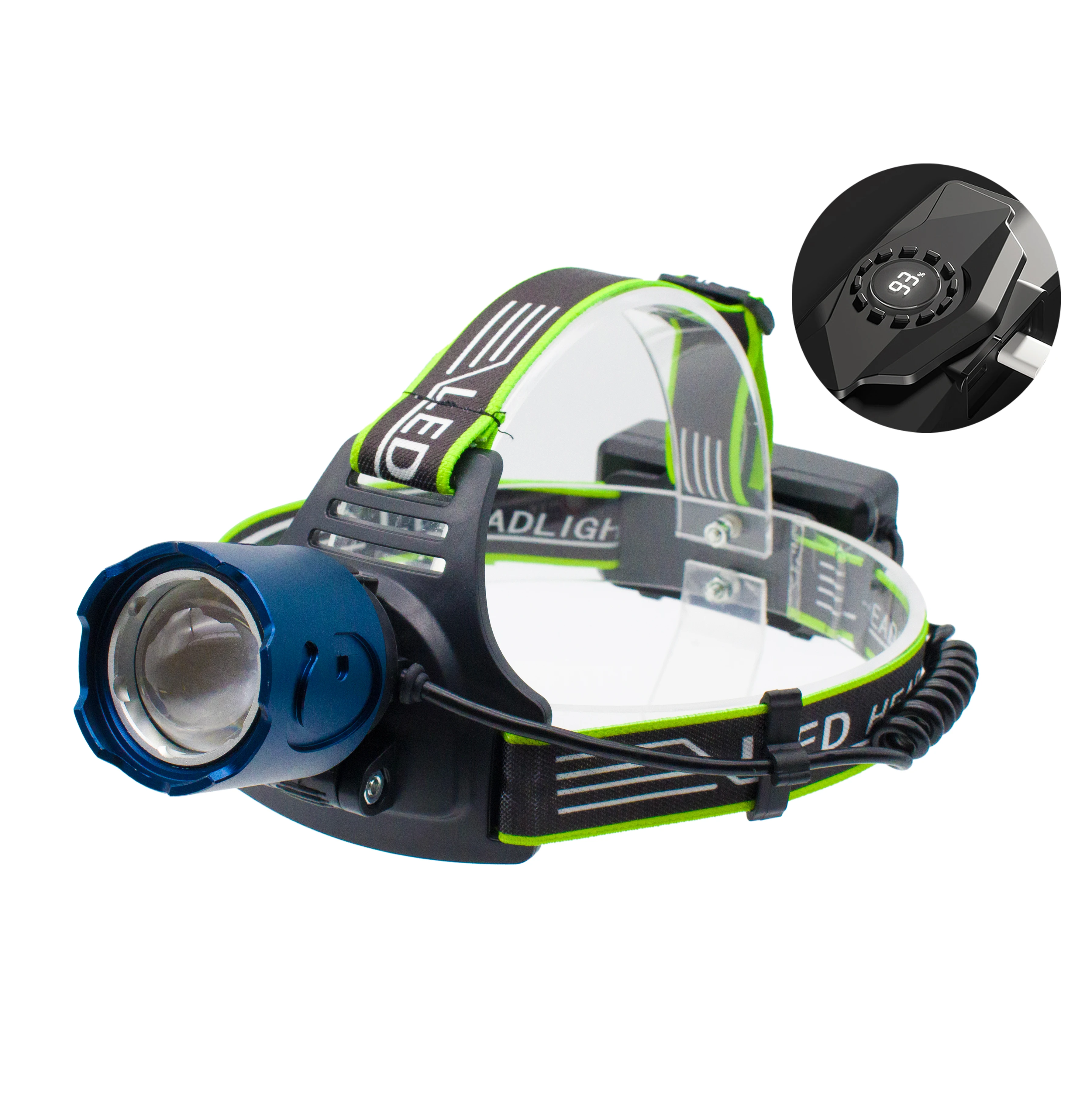 LED White Laser Beads Battery Display Aluminum Alloy Headlamp Rechargeable Type-C Charing Headlamps with Battery Compartment