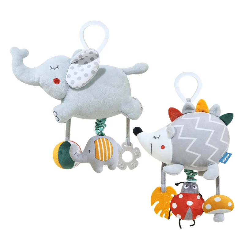 Gray Elephant and Hedgehog Music Pull Rope Bed Hang Baby Plush Toys Stroller Toys N078