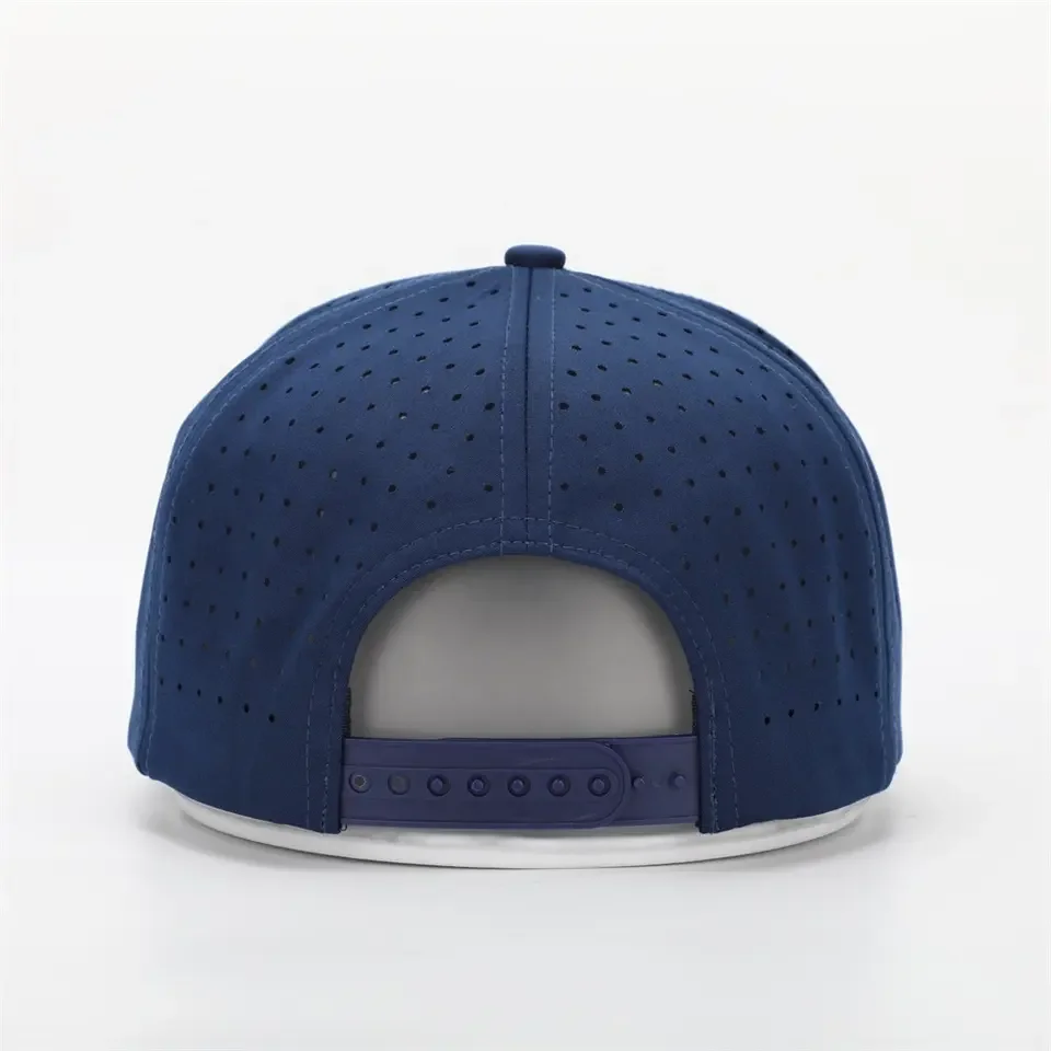 Wholesale Custom 5 Panel Rubber Pvc Logo Rope Baseball Cap,Waterproof Laser Cut Hole Perforated Hat,Performance Sports Dad Hat
