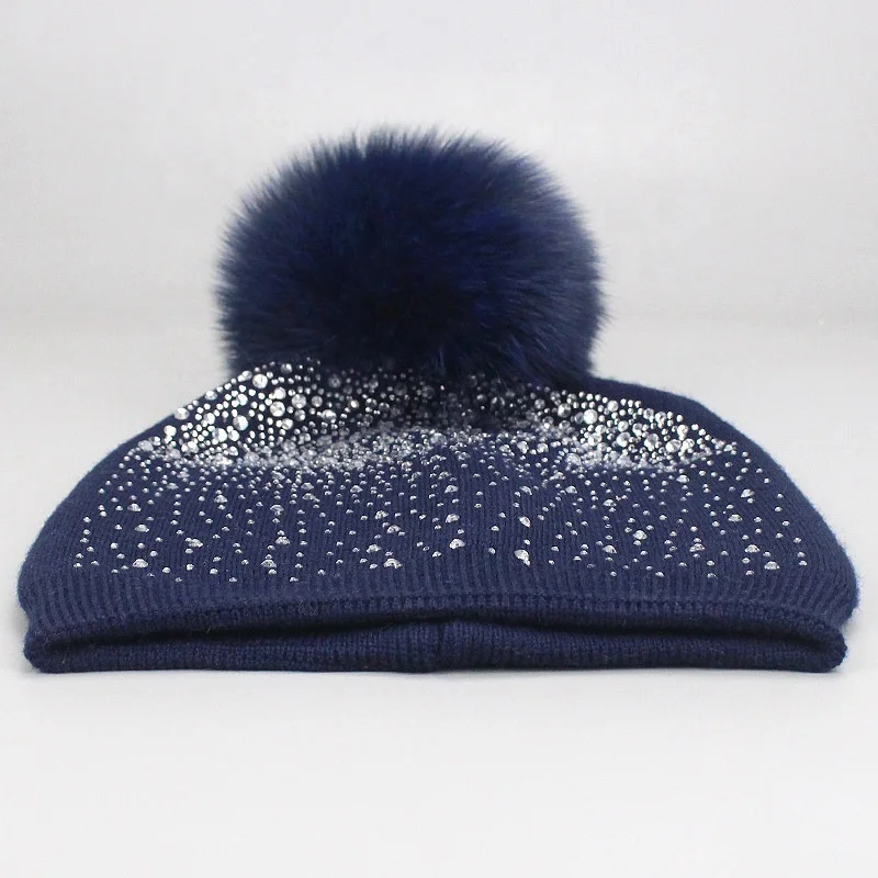 
Factory Wholesale Womens Knitted Soft Beanie Fox Fur Ball Hats Winter Hats With Pom poms 