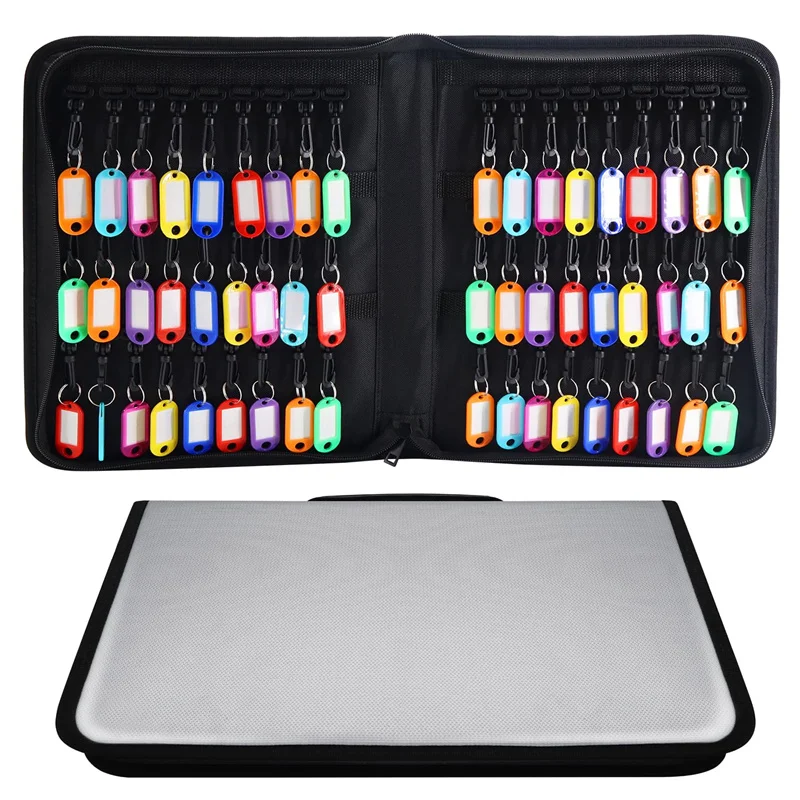 Portable Zippered Key Case with Handle Waterproof Fireproof Key Binder with 54 Hooks and Tags Key Box Organizer