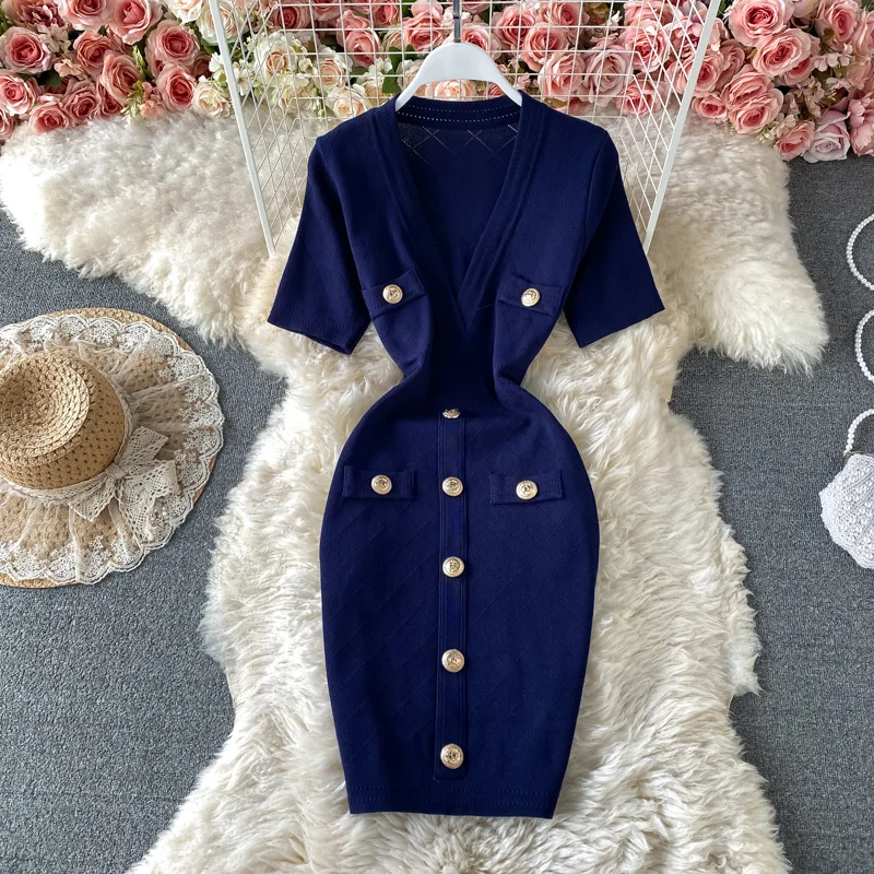 wholesale 2022 Sexy V neck Short sleeved Knit Bodycon Dress Women Casual Summer Slim Dress Vestido