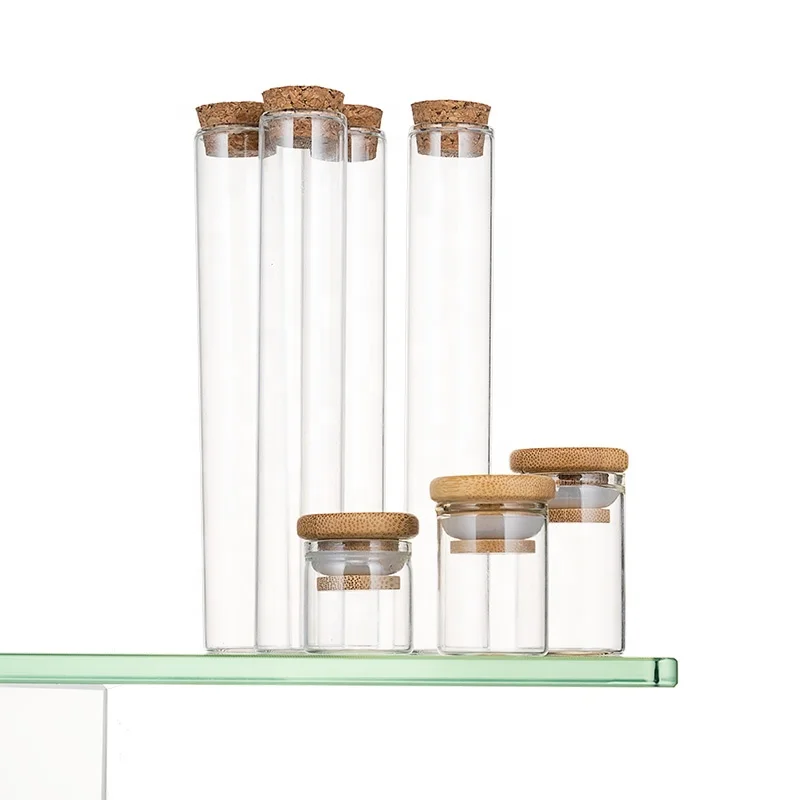 Wholesale Customized 1 oz 2 oz 3 oz Flat Bottom Glass Test Tubes Mini Glass Storage Bottles Jars with Cork or Bamboo Lids