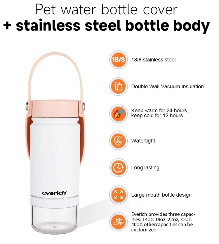 Everich New Design Lid Double Wall Vacuum Insulated Stainless Steel Dog Water Bottle with Pet Bowl