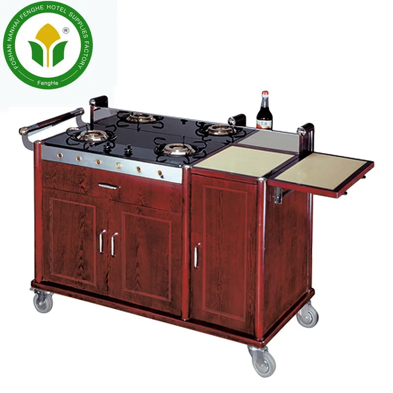 Hotel food four wheels cooking service trolley flambe trolley for restaurant