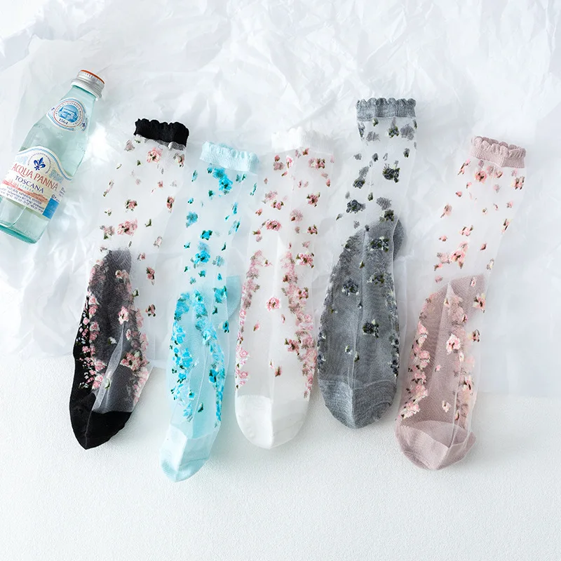 Summer Sexy Transparent Floral Fashion Women Cotton Bottom Thin Crystal Sheer Socks