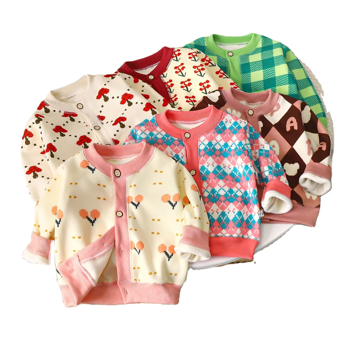 Fuyu Wholesale Baby Girl Children Digital Print Knit Long Sleeve Coat Toddler Girl Kids Button Warming Outwear