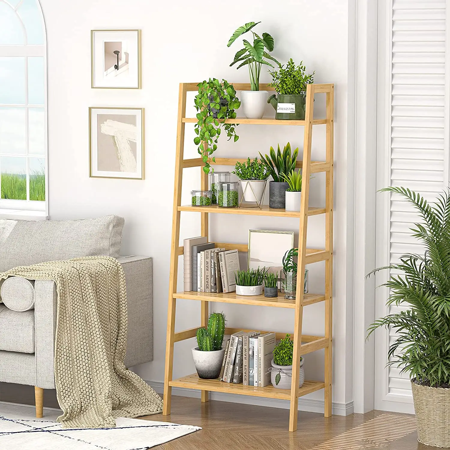 Bamboo Bookshelf, 4-Tier Bamboo Ladder Shelf, Bookcase,  Bathroom Storage Rack Plant Stand for Home
